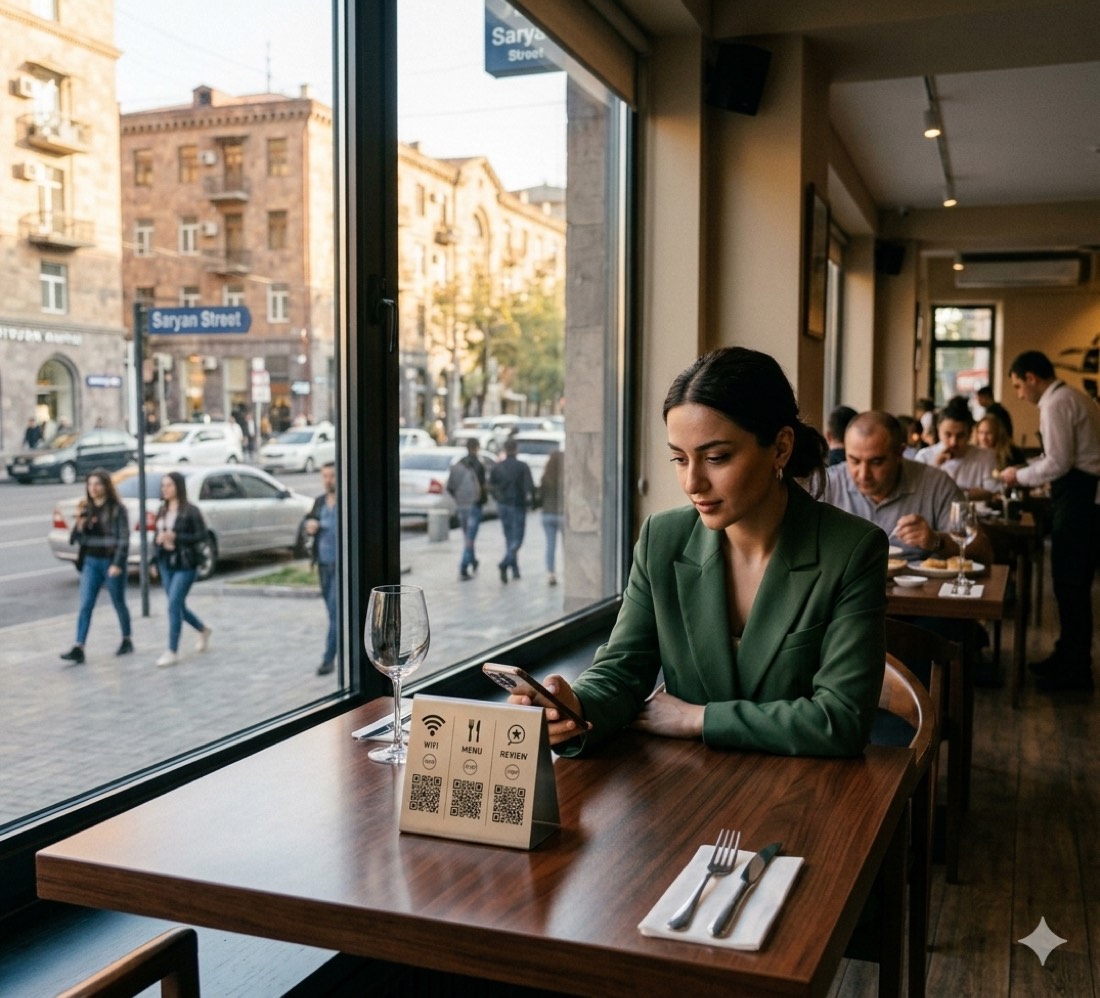A guest scans the menu tag at a window table