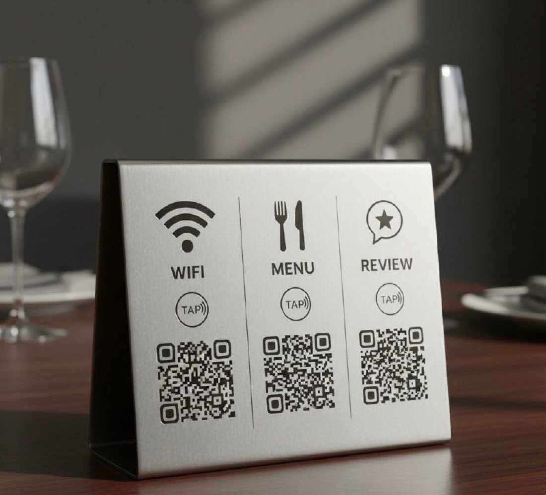 A SmartGuest table tent with Wi-Fi, Menu and Review NFC tags and QR codes